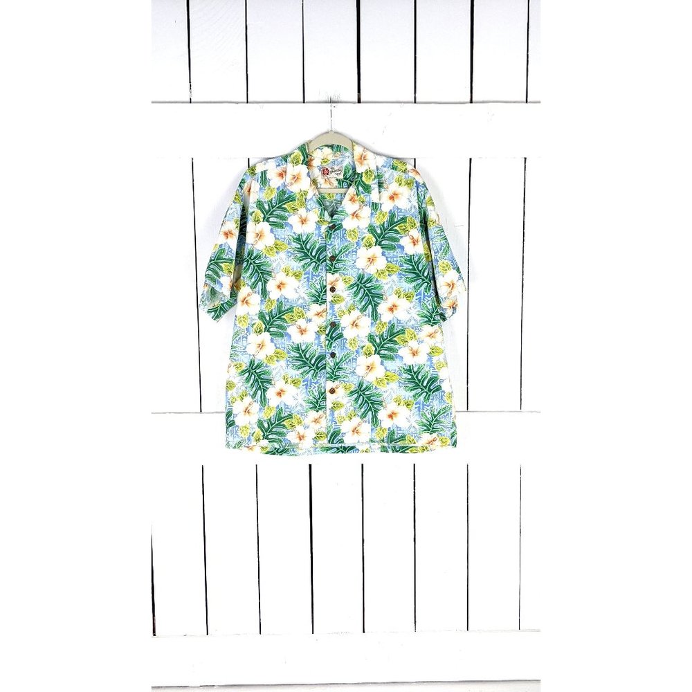Vintage Hilo Hatties The Hawaiian Original blue tropical floral button down
